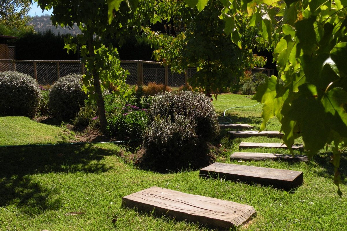 Durmiente de madera nativa instalado en jardín como elemento decorativo y funcional